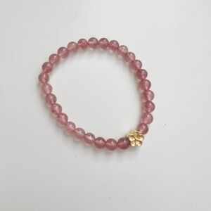 Pink Strawberry Quartz Beaded Bracelet with 18k Gold plated Flower Charm